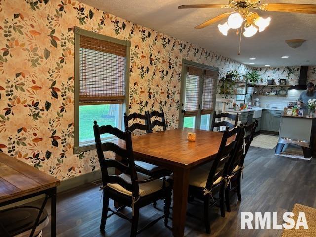 1500 Saint Andrews Pl, Herrin, IL 62948 - dining space featuring wallpapered walls, plenty of natural light, dark wood finished floors, ceiling fan, and baseboards