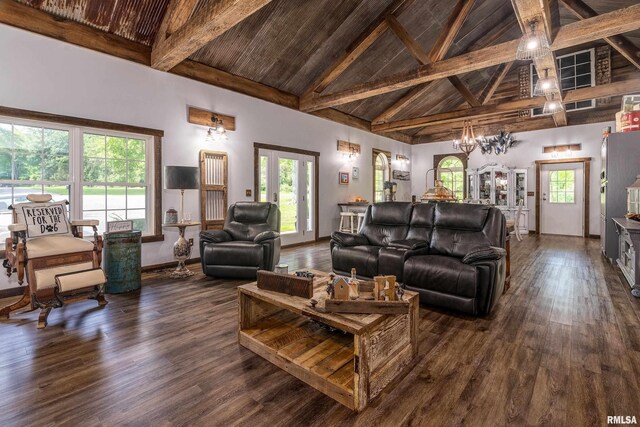 540 Kendall Ln, Marion, IL 62959 - living area featuring high vaulted ceiling, beam ceiling, healthy amount of natural light, dark wood finished floors, and a chandelier