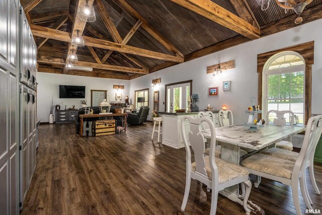 540 Kendall Ln, Marion, IL 62959 - dining space featuring high vaulted ceiling, dark wood finished floors, and wooden ceiling with exposed beams