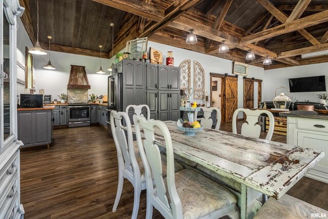 540 Kendall Ln, Marion, IL 62959 - dining area featuring a barn door, wooden ceiling with exposed beams, and dark wood finished floors