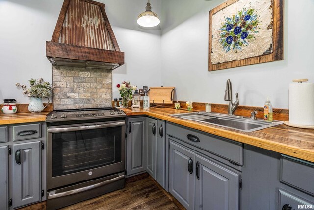 540 Kendall Ln, Marion, IL 62959 - kitchen featuring stainless steel range with electric stovetop, gray cabinets, a sink, wooden counters, and custom exhaust hood