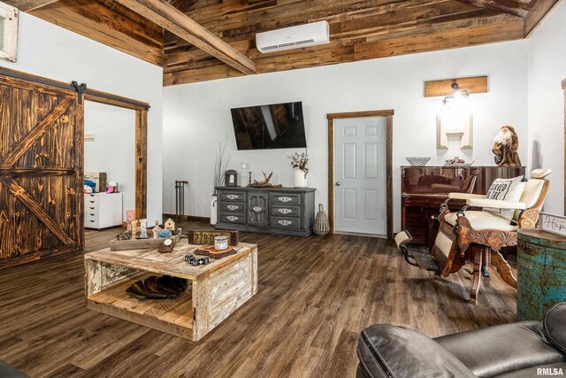 540 Kendall Ln, Marion, IL 62959 - living area featuring a wall unit AC, dark wood-type flooring, wood ceiling, and a barn door