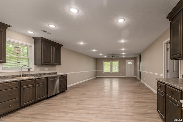 308 Prentice Ave, Carterville, IL 62918 - kitchen featuring stainless steel dishwasher, a sink, ceiling fan, dark brown cabinetry, and recessed lighting