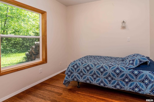 bedroom featuring multiple windows, wood finished floors, and baseboards