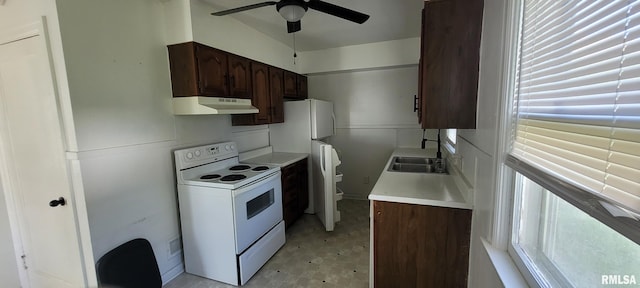 2814 Mannen St, Mount Vernon, IL 62864 - kitchen featuring electric stove, a sink, under cabinet range hood, ceiling fan, and light countertops