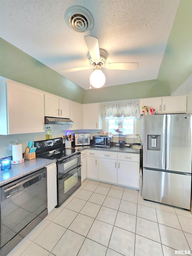 1144 S Morningside Dr, Carbondale, IL 62901 - kitchen featuring black appliances, under cabinet range hood, white cabinets, light tile patterned flooring, and a textured ceiling