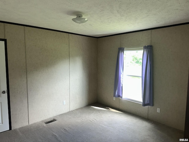 unfurnished room featuring a textured ceiling, carpet flooring, and a decorative wall