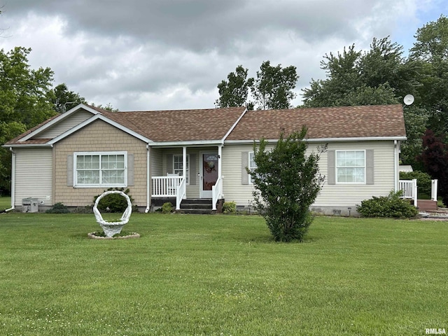 single story home with a front lawn, crawl space, covered porch, and roof with shingles