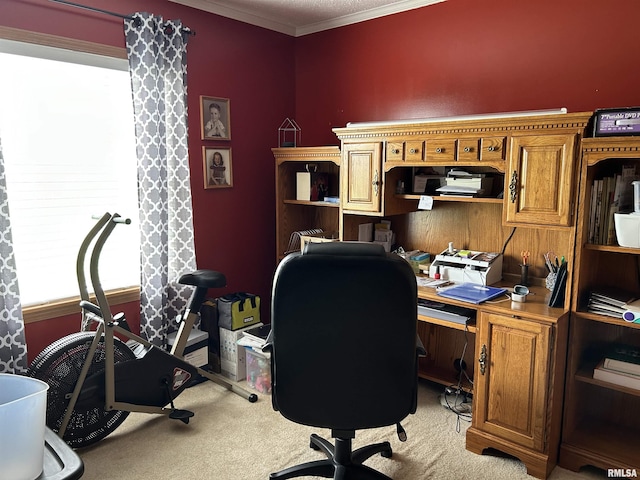 office area featuring light carpet and ornamental molding