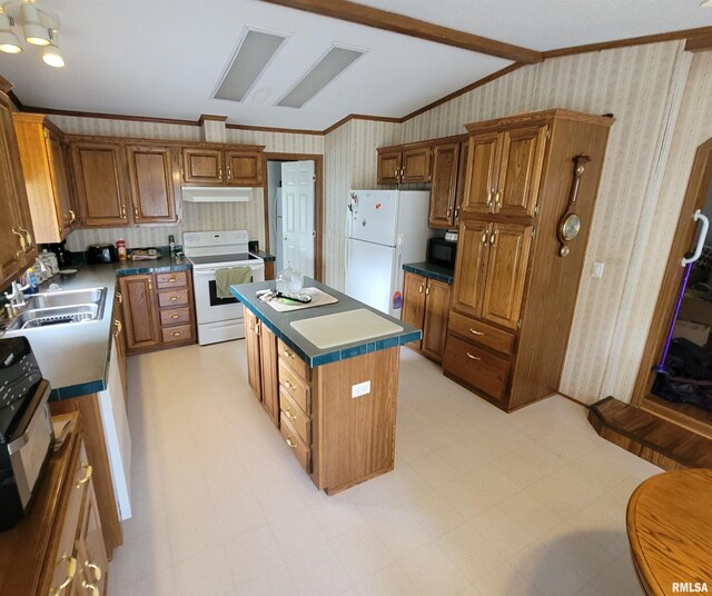 3614 S Hotze Rd, Salem, IL 62881 - kitchen featuring white appliances, a sink, ventilation hood, wallpapered walls, and ornamental molding