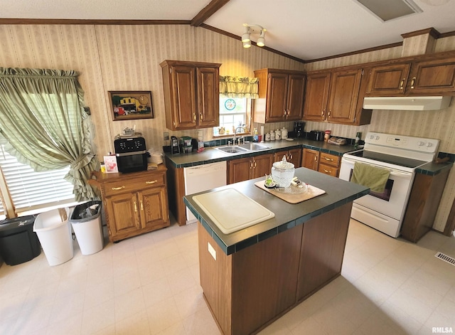 3614 S Hotze Rd, Salem, IL 62881 - kitchen with white appliances, crown molding, a sink, under cabinet range hood, and vaulted ceiling