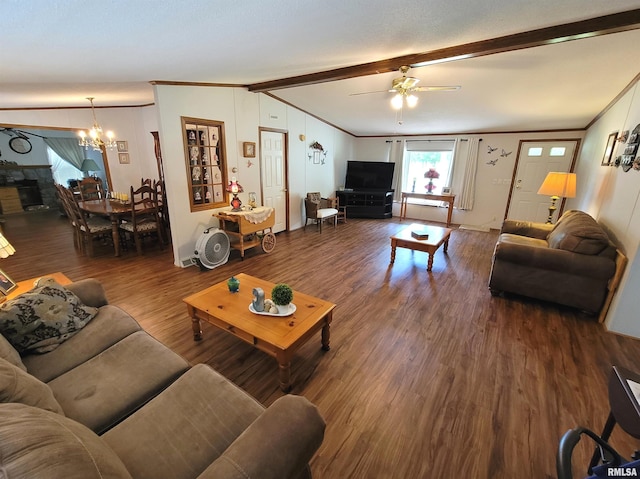 3614 S Hotze Rd, Salem, IL 62881 - living room featuring a chandelier, wood finished floors, ceiling fan, and ornamental molding