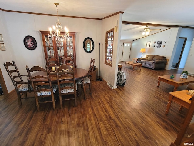 3614 S Hotze Rd, Salem, IL 62881 - dining space featuring crown molding, dark wood finished floors, a chandelier, and ceiling fan
