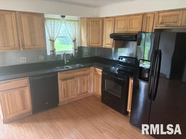 100 N 35th St, Herrin, IL 62948 - kitchen featuring black appliances, a sink, range hood, dark countertops, and ornamental molding