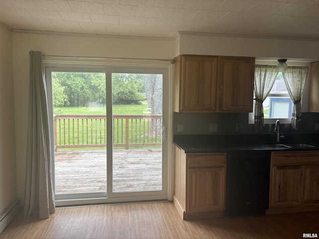 100 N 35th St, Herrin, IL 62948 - kitchen featuring dishwasher, a sink, dark countertops, light wood-style floors, and a baseboard heating unit