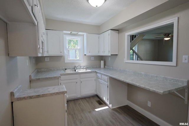 621 E Oglesby, Salem, IL 62881 - kitchen featuring a sink, wood finished floors, white cabinetry, and ceiling fan