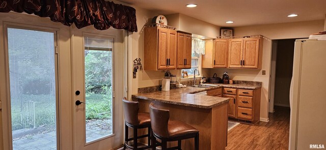 1608 W Briarwood Dr, Carbondale, IL 62901 - kitchen featuring freestanding refrigerator, a sink, recessed lighting, a kitchen breakfast bar, and light wood-style flooring