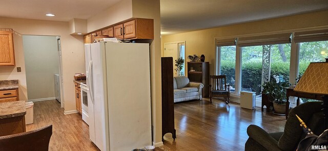 1608 W Briarwood Dr, Carbondale, IL 62901 - kitchen with white appliances, light wood finished floors, light countertops, recessed lighting, and baseboards