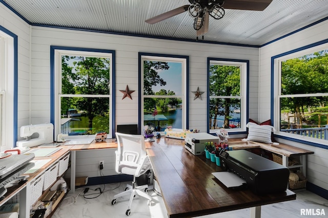 11782 Driftwood Dr, Marion, IL 62959 - office area with wood walls, ceiling fan, and marble look tiles