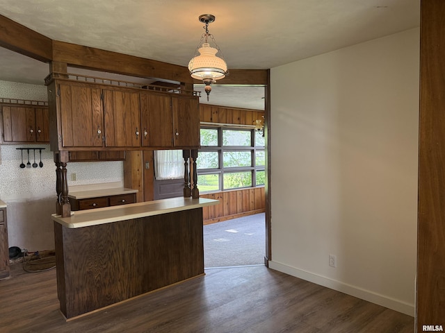 19 Park Ln, Centralia, IL 62801 - kitchen with dark wood-style flooring, baseboards, hanging light fixtures, light countertops, and wood walls