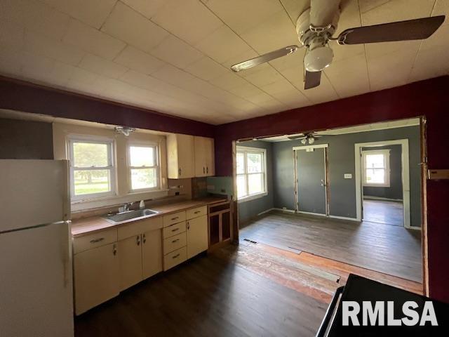 475 Holt St, Vergennes, IL 62994 - kitchen featuring freestanding refrigerator, a sink, ceiling fan, wood finished floors, and white cabinets