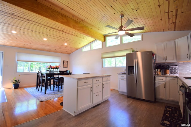 2704 Jamison Blvd, Mount Vernon, IL 62864 - kitchen featuring stainless steel fridge with ice dispenser, light wood-style floors, ceiling fan, wood ceiling, and recessed lighting