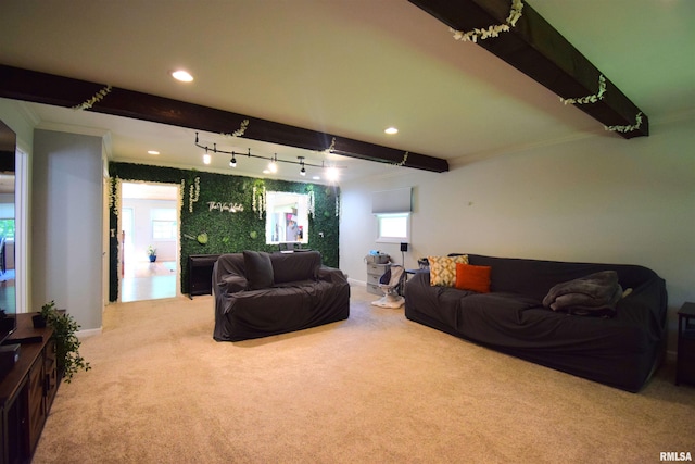 2704 Jamison Blvd, Mount Vernon, IL 62864 - living room with carpet flooring, recessed lighting, baseboards, beam ceiling, and crown molding