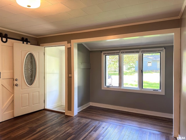 504 S James St, Carbondale, IL 62901 - entryway with ornamental molding, dark wood-style floors, and baseboards