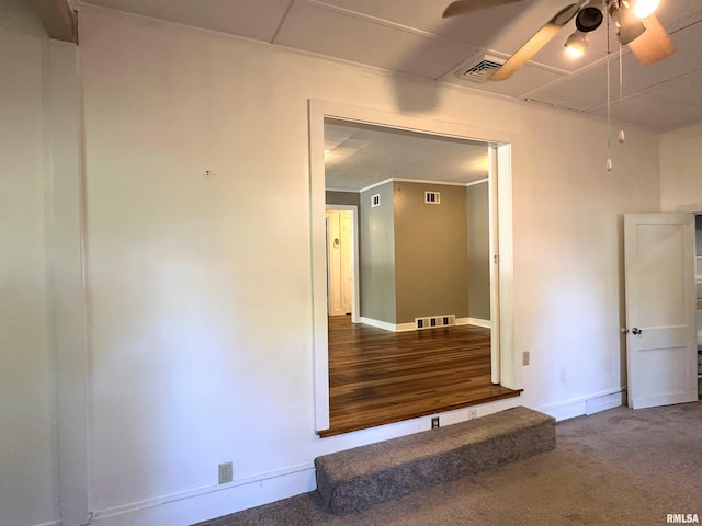 504 S James St, Carbondale, IL 62901 - unfurnished bedroom featuring baseboards, ornamental molding, a ceiling fan, carpet, and attic access