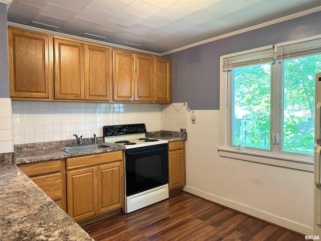 504 S James St, Carbondale, IL 62901 - kitchen with range with electric stovetop, a sink, dark countertops, brown cabinets, and dark wood-style flooring
