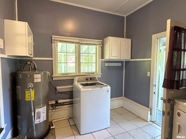 504 S James St, Carbondale, IL 62901 - washroom with washer / dryer, cabinet space, water heater, light tile patterned floors, and ornamental molding