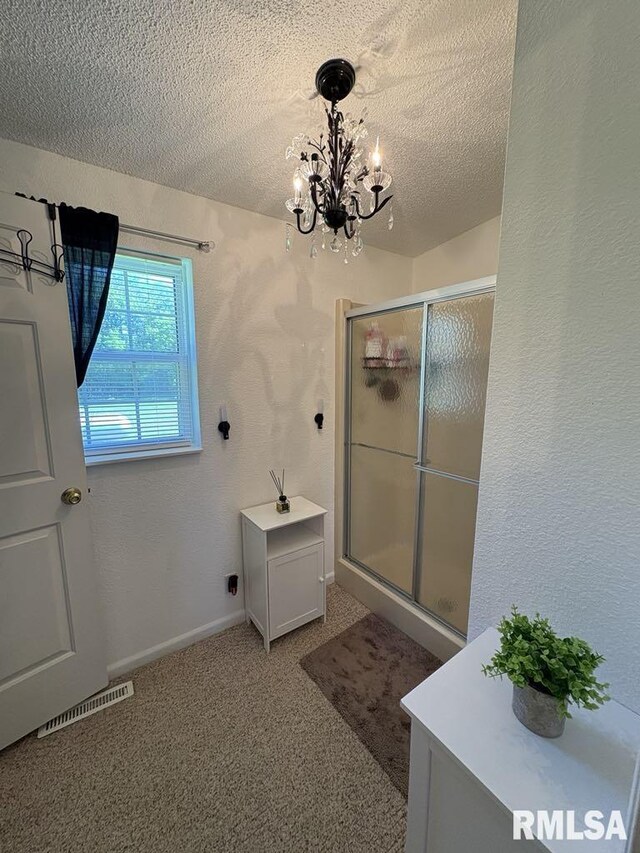 17227 Number 9 Blacktop Blacktop, West Frankfort, IL 62896 - full bathroom featuring a chandelier, a stall shower, a textured ceiling, and baseboards