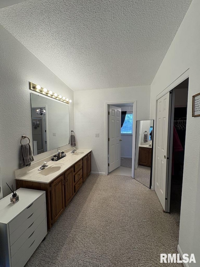 17227 Number 9 Blacktop Blacktop, West Frankfort, IL 62896 - bathroom featuring a textured ceiling, double vanity, carpet, a closet, and baseboards