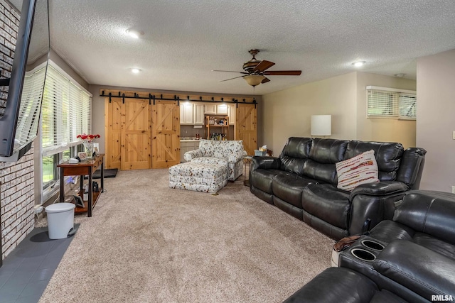 415 E Reichert Dr, Marion, IL 62959 - living room featuring a ceiling fan, a barn door, carpet floors, and a textured ceiling