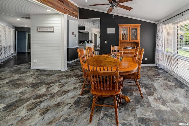 415 E Reichert Dr, Marion, IL 62959 - dining room featuring baseboards, ornamental molding, vaulted ceiling, and a ceiling fan