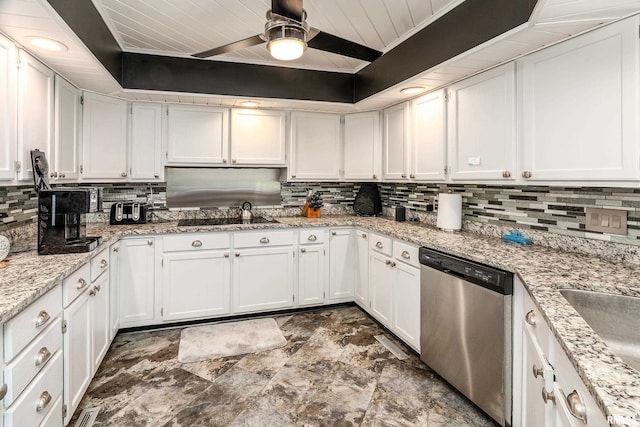 415 E Reichert Dr, Marion, IL 62959 - kitchen featuring dishwasher, tasteful backsplash, white cabinetry, wooden ceiling, and stone finish flooring