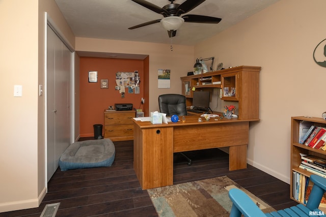 415 E Reichert Dr, Marion, IL 62959 - home office featuring dark wood-style flooring, a ceiling fan, and baseboards