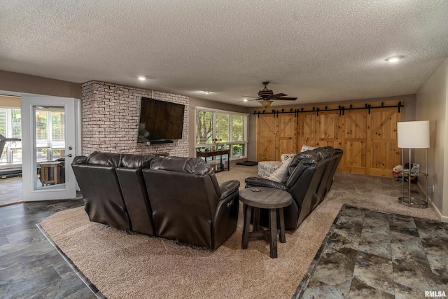 415 E Reichert Dr, Marion, IL 62959 - living area featuring a textured ceiling, ceiling fan, and a barn door