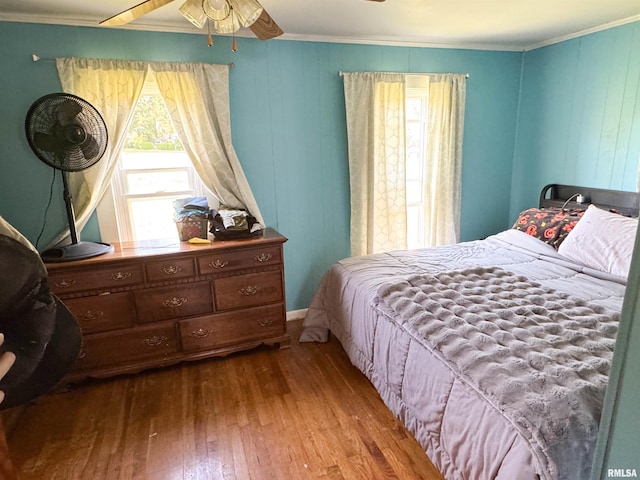 135 Walnut St, Alto Pass, IL 62905 - bedroom with hardwood / wood-style flooring, ornamental molding, and ceiling fan