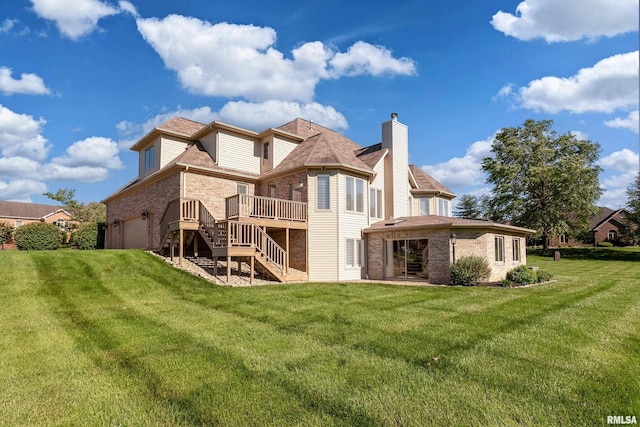 1302 Collins Ln, Marion, IL 62959 - back of house featuring stairs, brick siding, a chimney, a yard, and a deck
