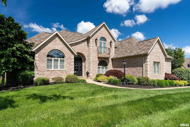 1302 Collins Ln, Marion, IL 62959 - french country style house featuring brick siding, a front yard, a balcony, and a shingled roof