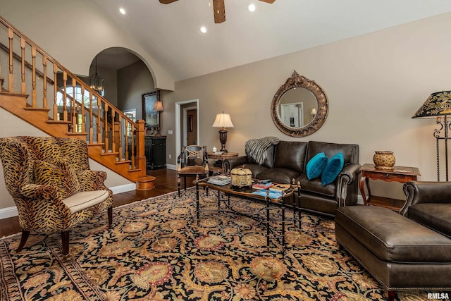 1302 Collins Ln, Marion, IL 62959 - living area with arched walkways, baseboards, a ceiling fan, recessed lighting, and wood finished floors