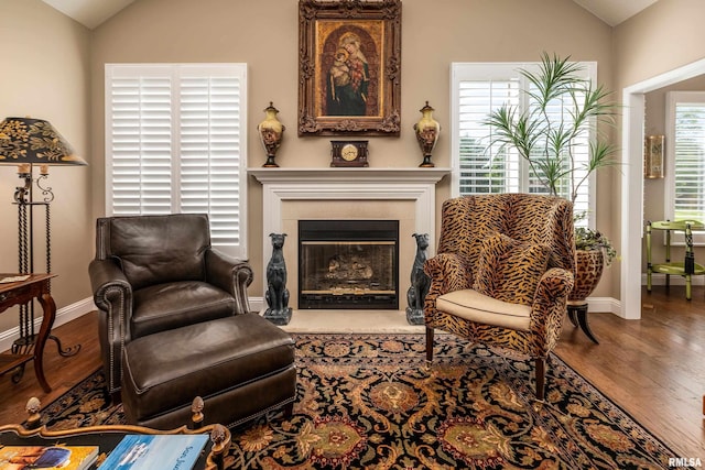 1302 Collins Ln, Marion, IL 62959 - sitting room with lofted ceiling, wood finished floors, baseboards, and a glass covered fireplace