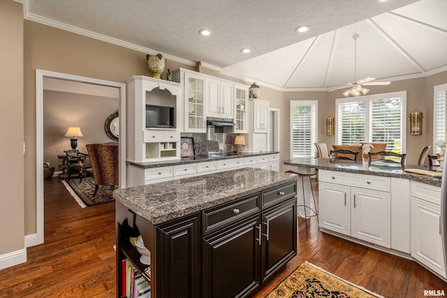 1302 Collins Ln, Marion, IL 62959 - kitchen with white cabinets, dark wood-style flooring, a ceiling fan, decorative backsplash, and recessed lighting
