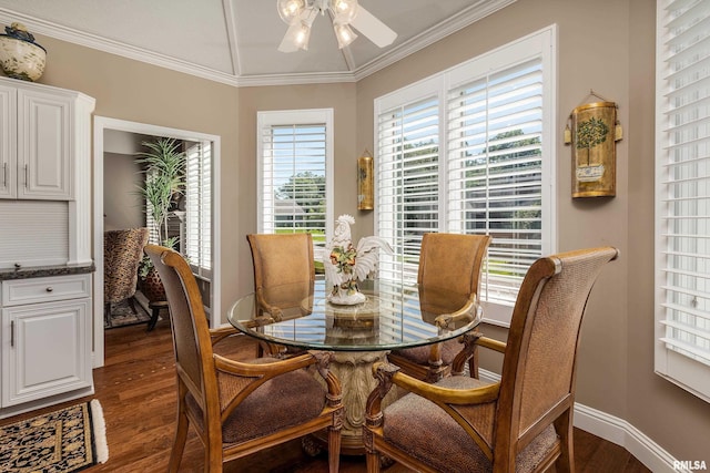 1302 Collins Ln, Marion, IL 62959 - dining space featuring a ceiling fan, dark wood-style floors, crown molding, and baseboards