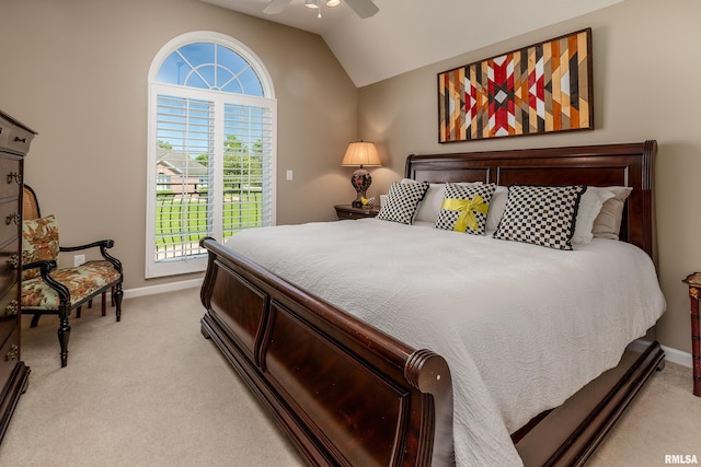 1302 Collins Ln, Marion, IL 62959 - bedroom with light colored carpet, multiple windows, baseboards, vaulted ceiling, and a ceiling fan