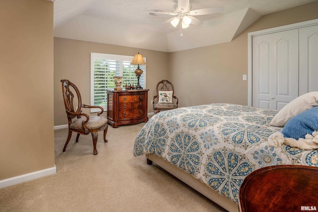 1302 Collins Ln, Marion, IL 62959 - bedroom with carpet flooring, a closet, a ceiling fan, baseboards, and lofted ceiling