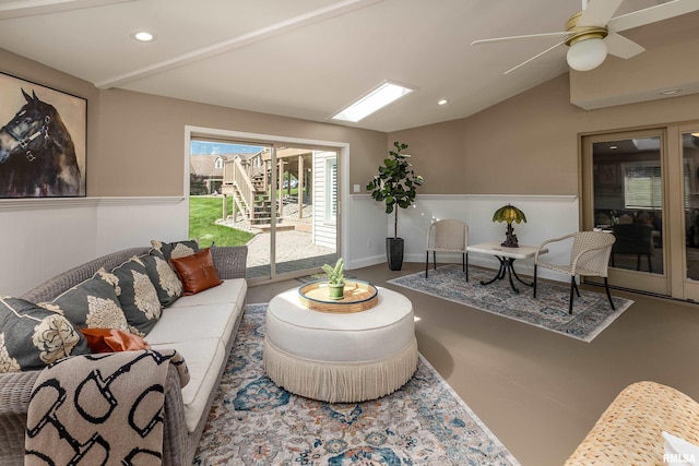 1302 Collins Ln, Marion, IL 62959 - living area with lofted ceiling, recessed lighting, a ceiling fan, and wainscoting