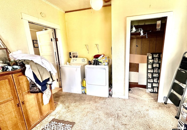 1105 N Maple St, Carterville, IL 62918 - laundry room featuring washing machine and clothes dryer, carpet flooring, and ornamental molding