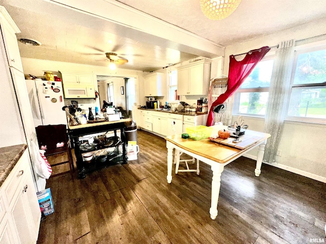 1105 N Maple St, Carterville, IL 62918 - kitchen featuring white microwave, dark wood-style floors, dark countertops, and ceiling fan